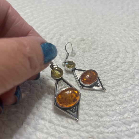 Beautiful AMBER & CITRINE Handmade Sterling 925 Dangle Earrings #284D - Picture 2 of 3